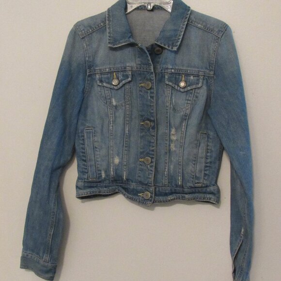 American Eagle Jean Jacket Womens Petite Small Distressed Denim Trucker Western - Picture 2 of 6